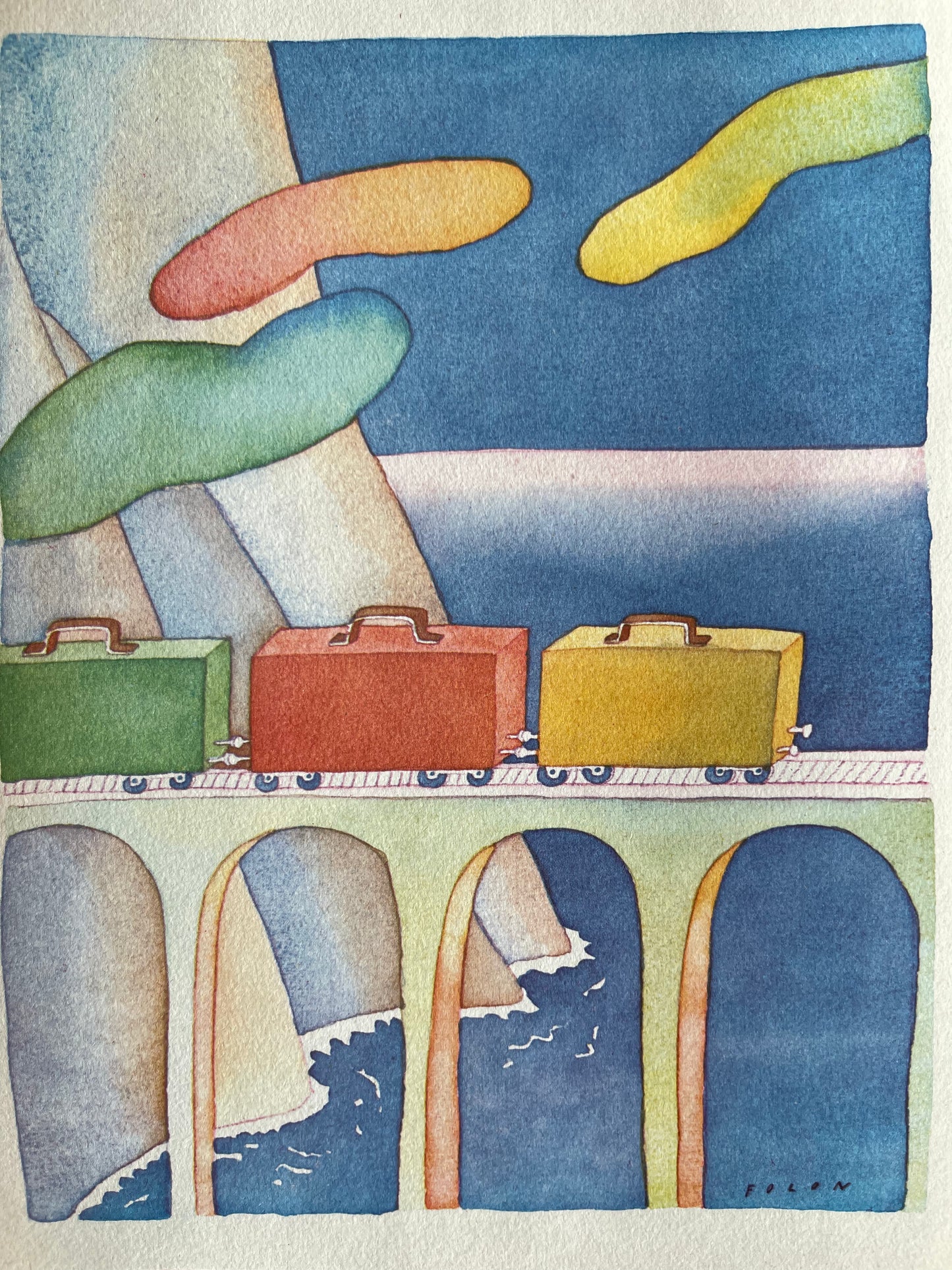 Jean Michel FOLON : Le train de valises - Héliogravure signée