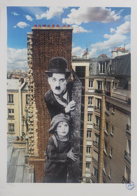 JR : Hommage à Charlie Chaplin - Lithographie originale signée