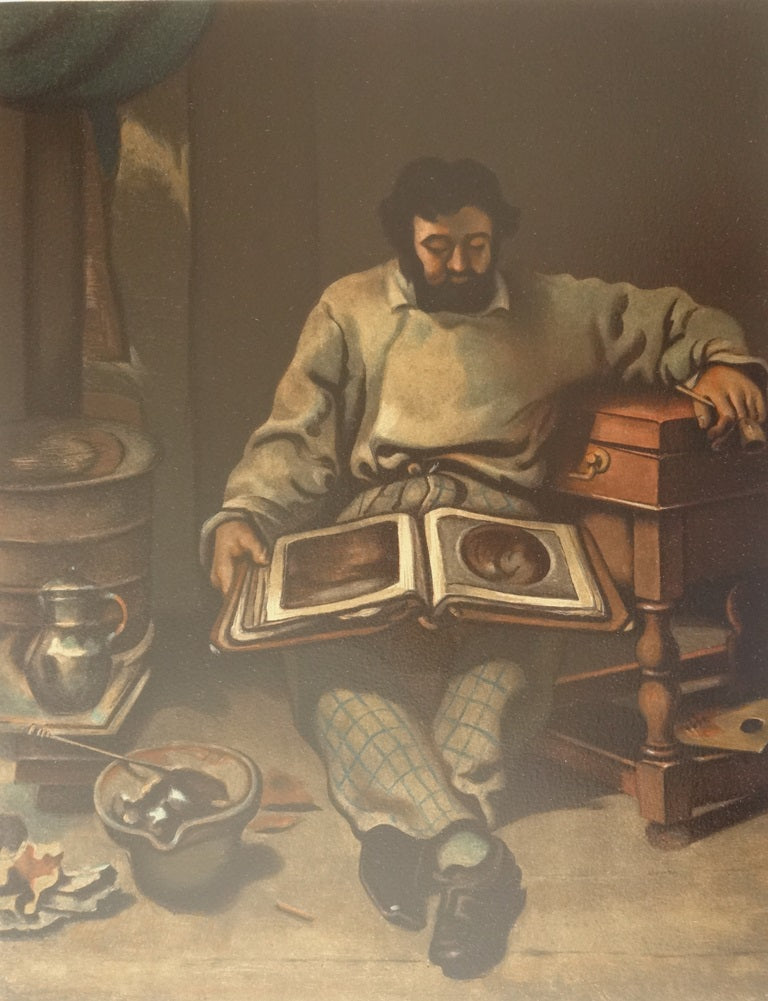 Gustave COURBET : Marc Trapadoux examinant un livre d'estampes - lithographie en couleurs