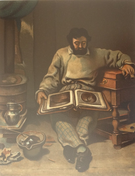 Gustave COURBET : Marc Trapadoux examinant un livre d'estampes - lithographie en couleurs