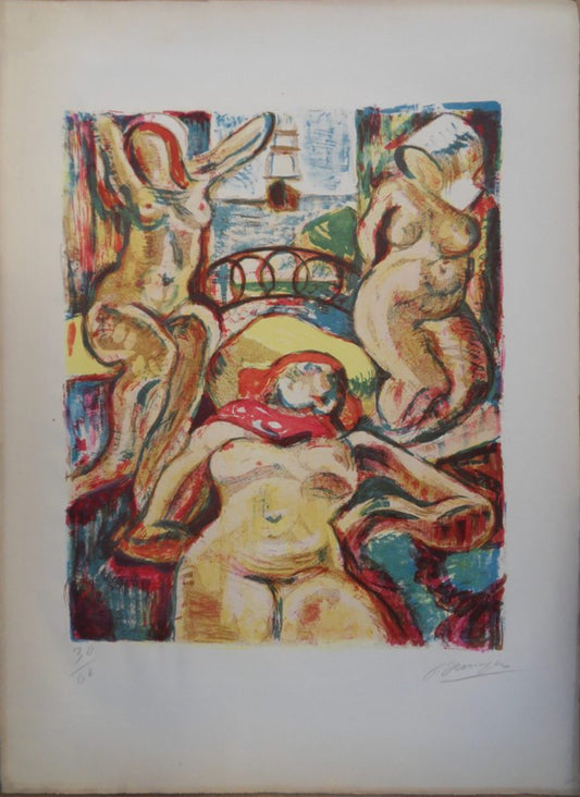 François DESNOYER : Trois femmes nues à la fenêtre - Lithographie originale signée