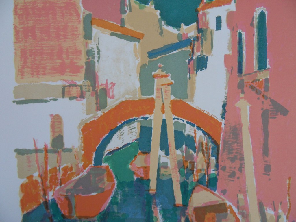 Masaaki KUWAHARA : Les gondoles de Venise - Lithographie originale signée