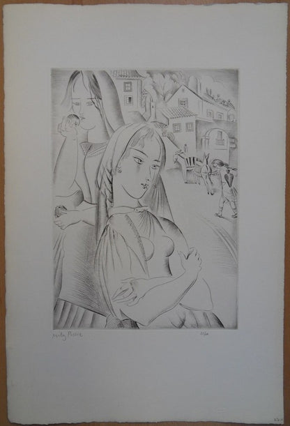 Mily POSSOZ : Les jeunes filles du village - Gravure originale signée