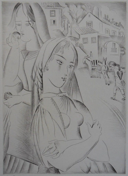 Mily POSSOZ : Les jeunes filles du village - Gravure originale signée