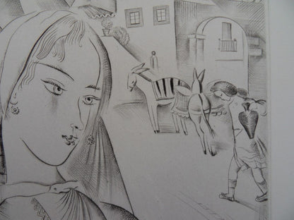 Mily POSSOZ : Les jeunes filles du village - Gravure originale signée