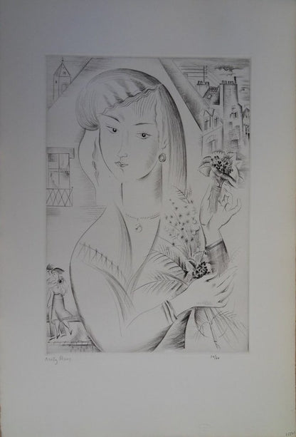 Mily POSSOZ : La jeune fille au bouquet - Gravure originale signée