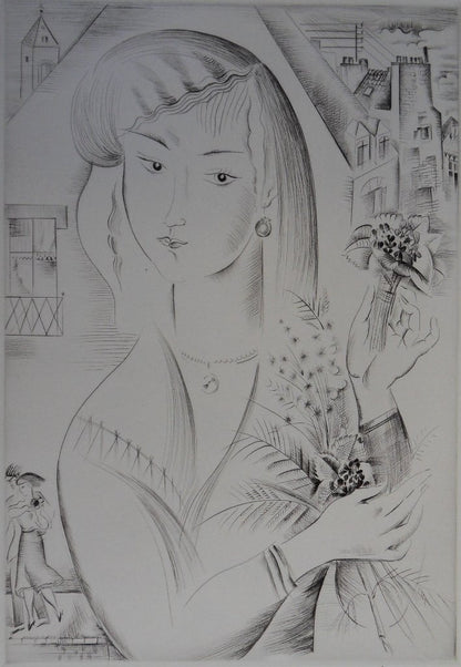 Mily POSSOZ : La jeune fille au bouquet - Gravure originale signée