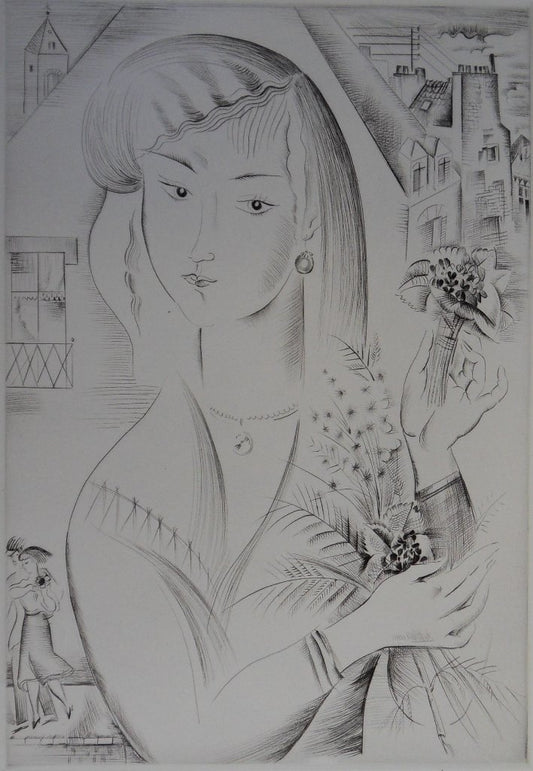 Mily POSSOZ : La jeune fille au bouquet - Gravure originale signée
