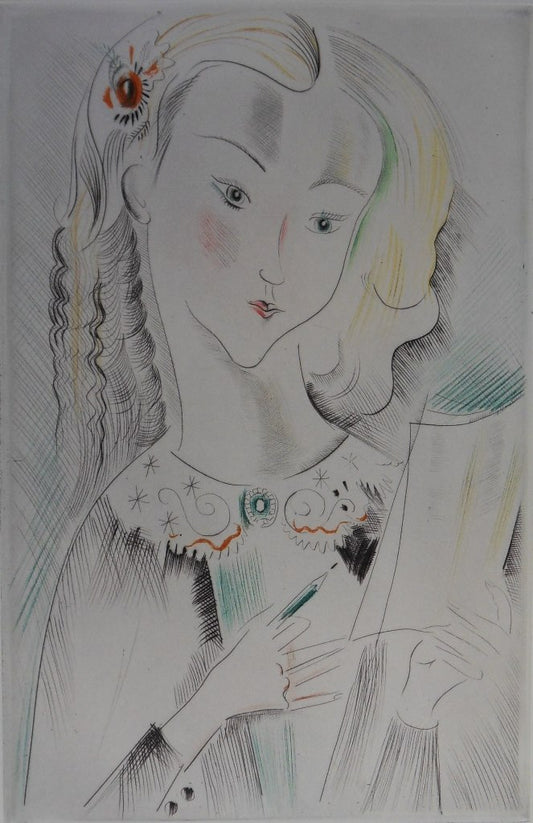 Mily POSSOZ : Jeune fille pensive - Eau-forte originale signée