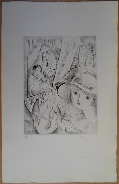 Mily POSSOZ : Jeunes filles au jardin - Gravure originale signée