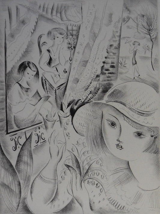 Mily POSSOZ : Jeunes filles au jardin - Gravure originale signée