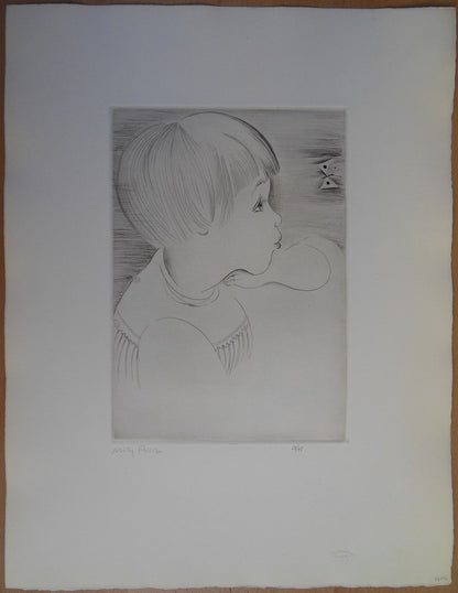 Mily POSSOZ : L'Enfant et le papillon - Gravure originale signée