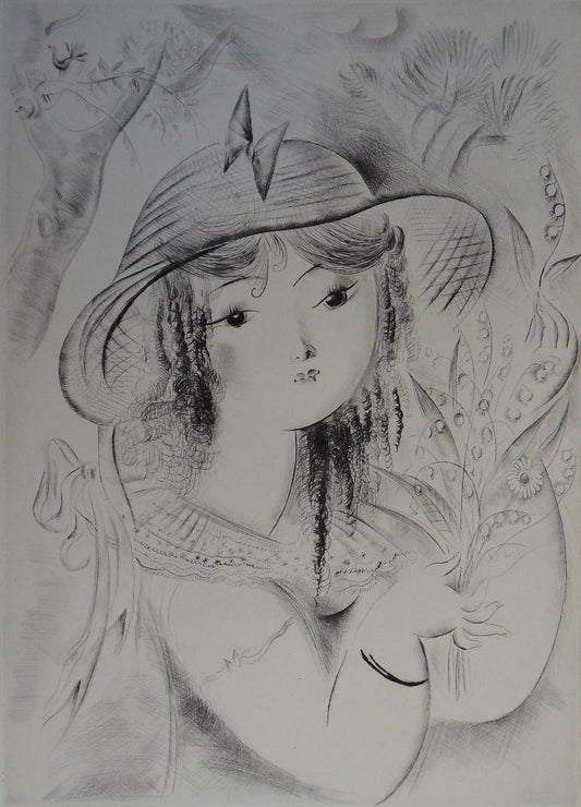Mily POSSOZ : Jeune fille au muguet - Gravure originale signée