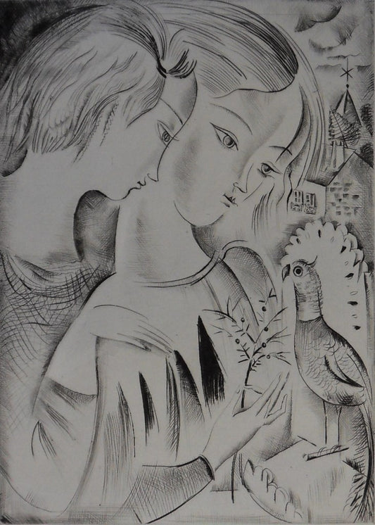 Mily POSSOZ : Les enfants et le perroquet - Gravure originale signée