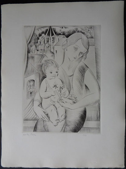 Mily POSSOZ : Mère et son enfant - Gravure originale signée