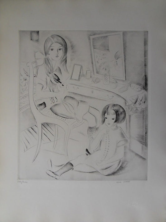 Mily POSSOZ : Jeune fille devant la coiffeuse - Gravure originale signée