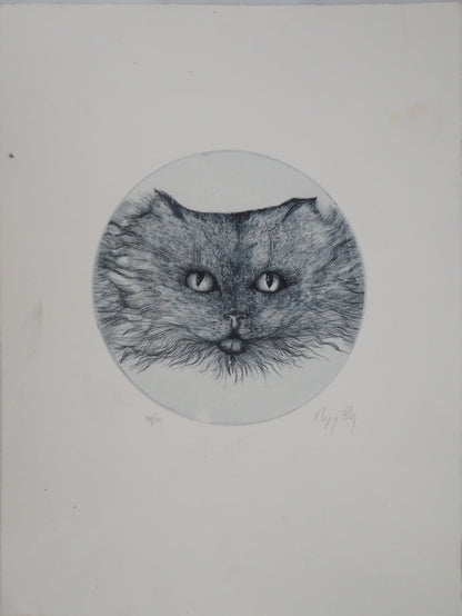 Régis DHO : Chat bleu - Gravure originale signée
