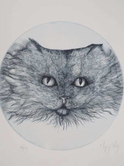 Régis DHO : Chat bleu - Gravure originale signée