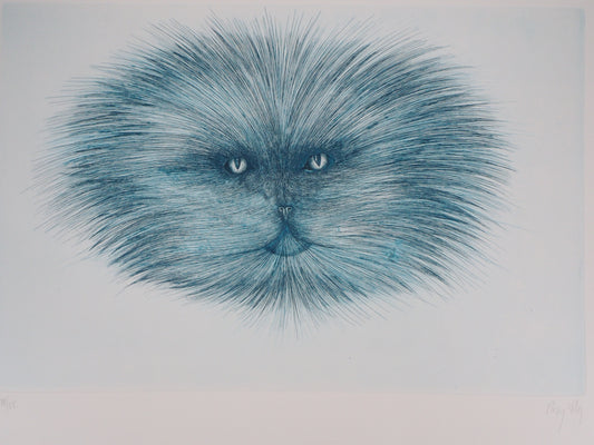 Régis DHO : Tête de chat bleuté - Gravure originale signée