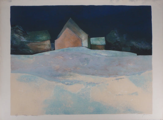 Claude GAVEAU : Paysage enneigé  de nuit - Lithographie originale signée et dédicacée