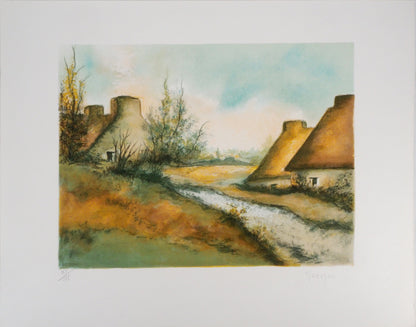 MADUZAC : Les Chaumières de Bretagne - Lithographie originale signée