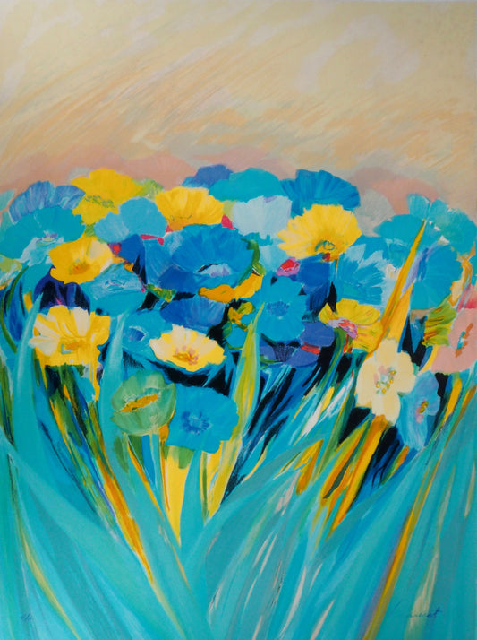 Claude HEMERET: Jardín en flor - Litografía original firmada