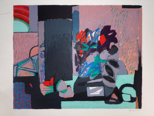 Gabriel GODARD : Nature morte au bouquet multicolore - Lithographie originale signée