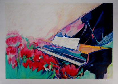 Claude HEMERET: Piano y partituras - Litografía original firmada