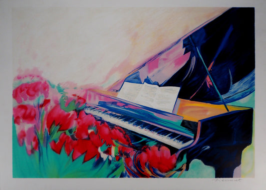 Claude HEMERET: Piano y partituras - Litografía original firmada