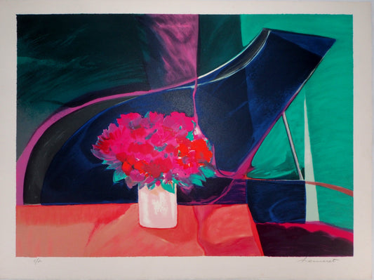 Claude HEMERET: Ramo rosa y piano - Litografía original firmada