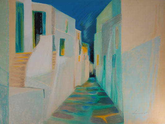 Claude HEMERET: Calle antigua de Santorini - Litografía original firmada