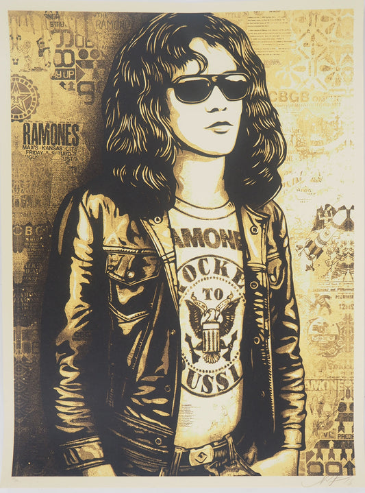 Shepard FAIREY (OBEY) : Tommy Ramone Collage (Gold) - Lithographie originale signée