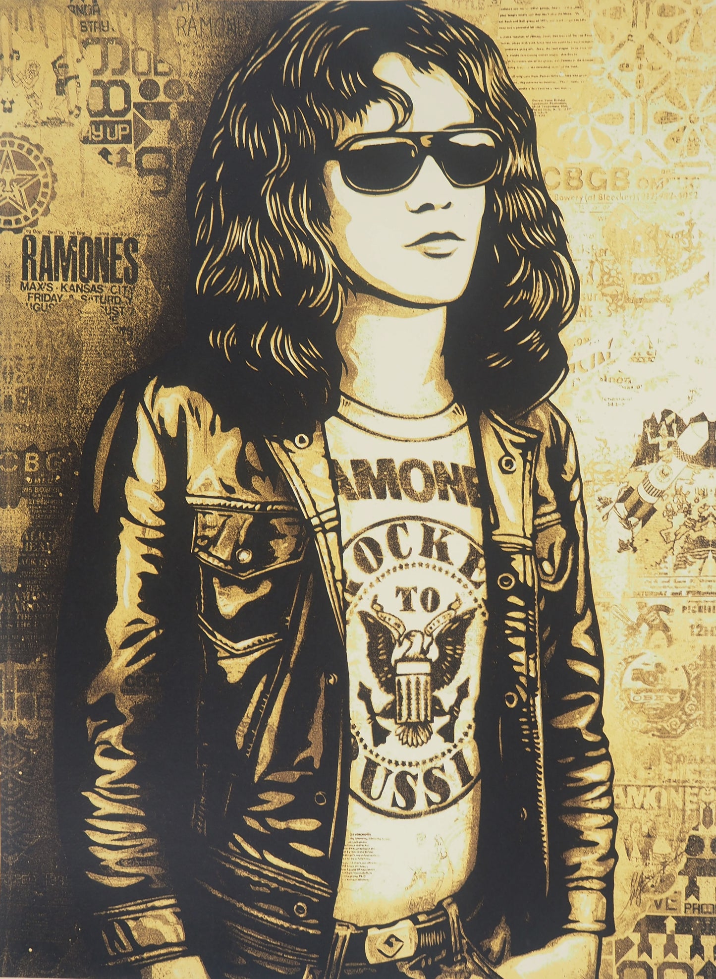 Shepard FAIREY (OBEY) : Tommy Ramone Collage (Gold) - Lithographie originale signée