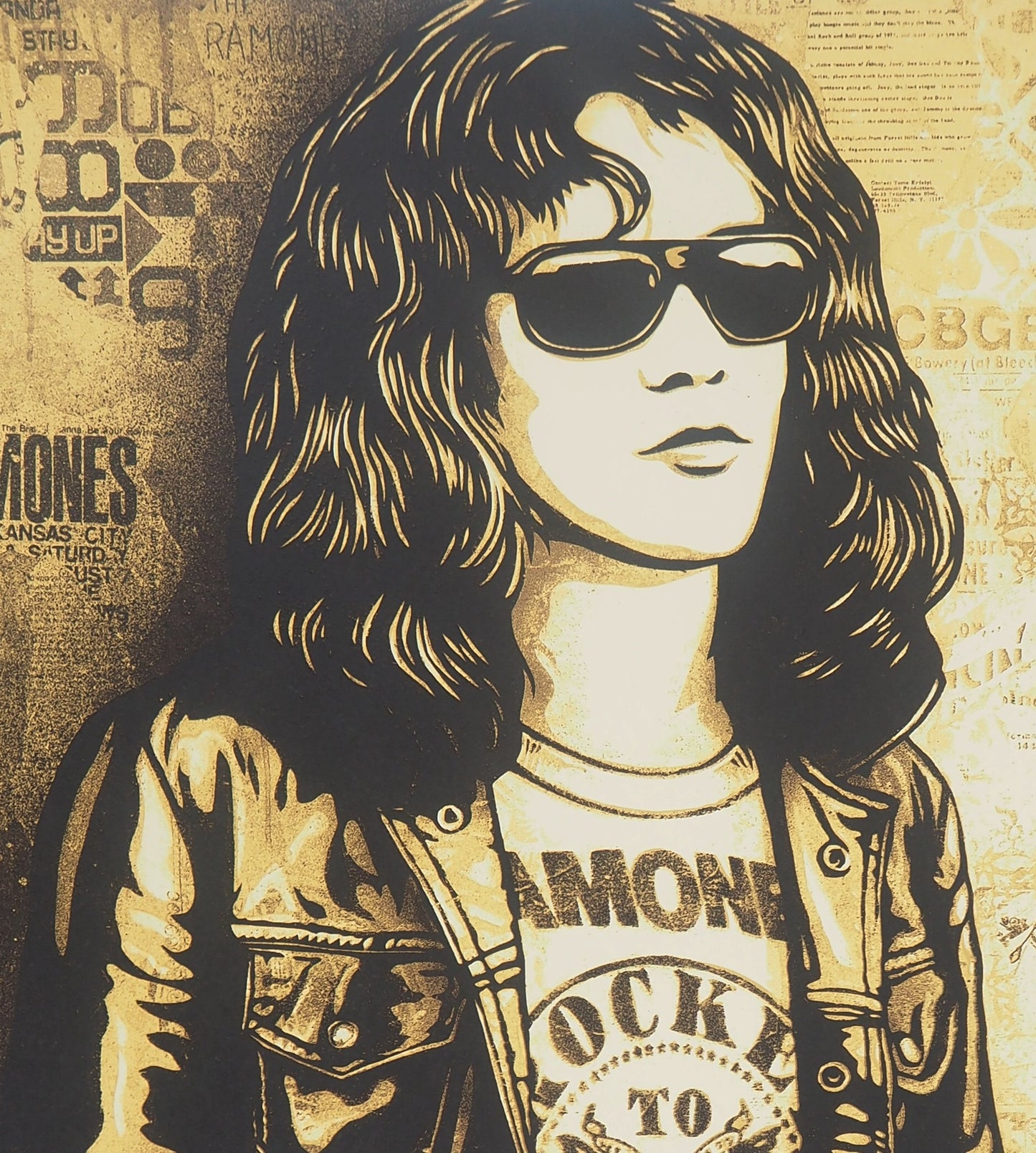 Shepard FAIREY (OBEY) : Tommy Ramone Collage (Gold) - Lithographie originale signée