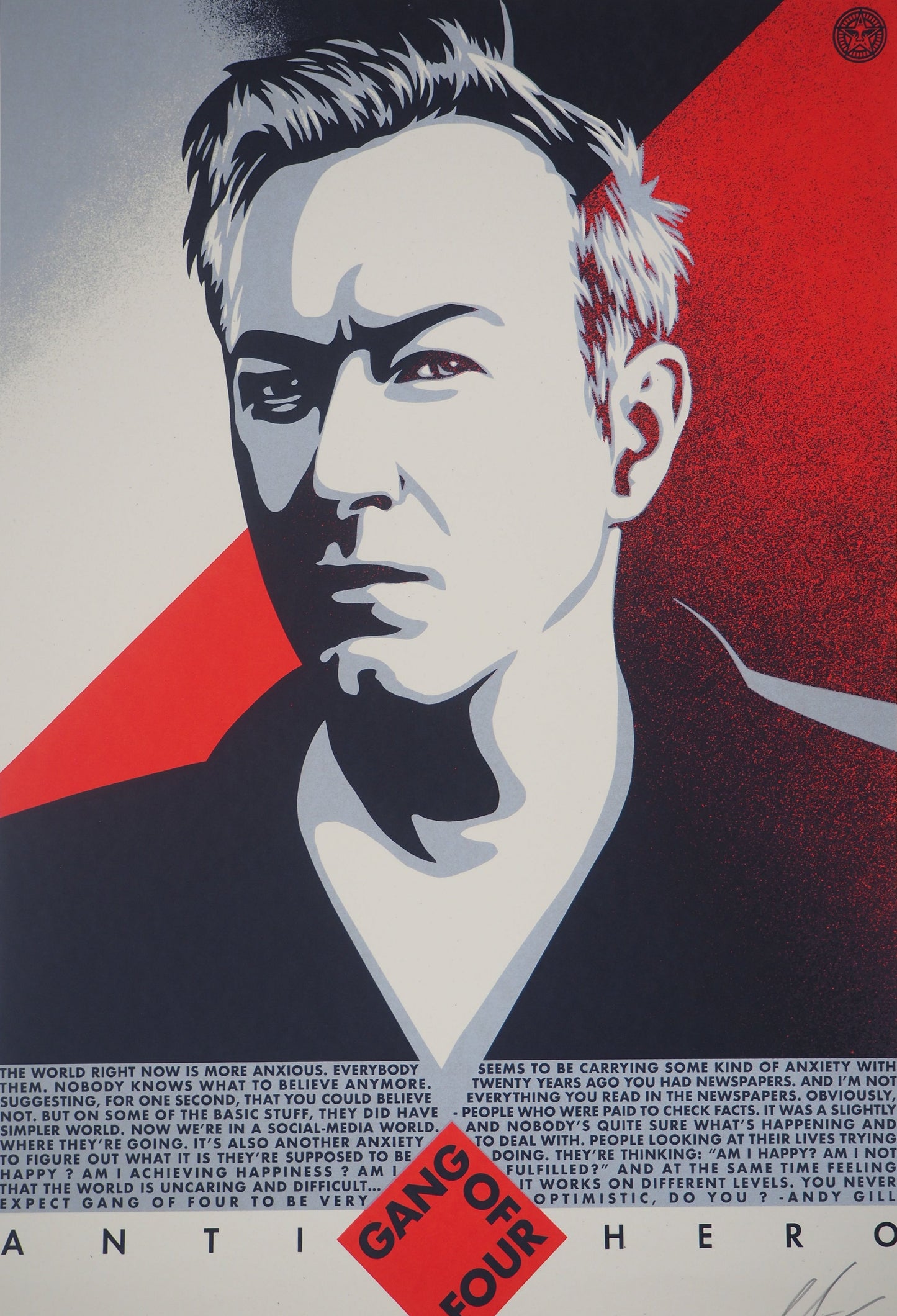 Shepard FAIREY (OBEY) : Andy Gill, Anti Hero Red Edition - Lithographie originale signée