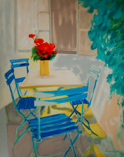 Claude HEMERET: Terraza de verano - Litografía original firmada