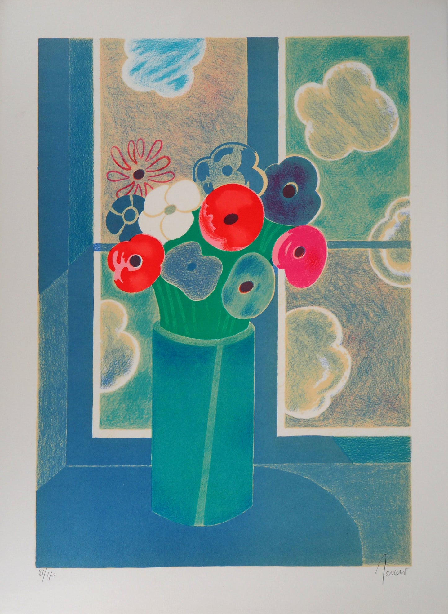 Albert ZAVARO : Le bouquet à la fenêtre - Lithographie originale signée