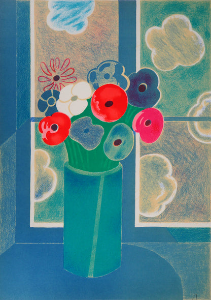 Albert ZAVARO : Le bouquet à la fenêtre - Lithographie originale signée