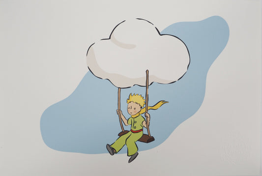 Antoine DE SAINT EXUPERY : Le Petit Prince sur une balançoire - Lithographie