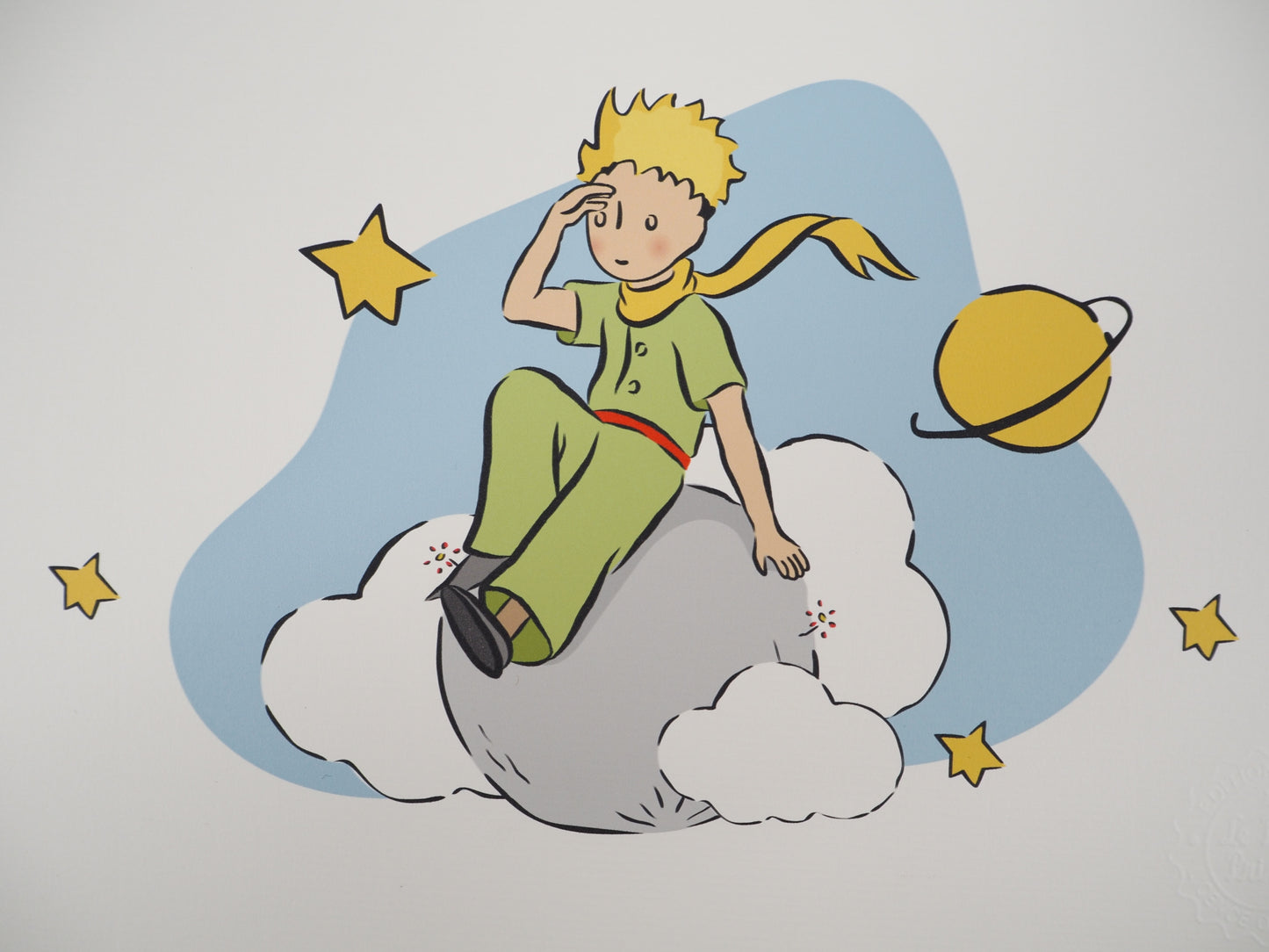 Antoine DE SAINT EXUPERY : Le Petit Prince observe depuis son astéroïde - Lithographie