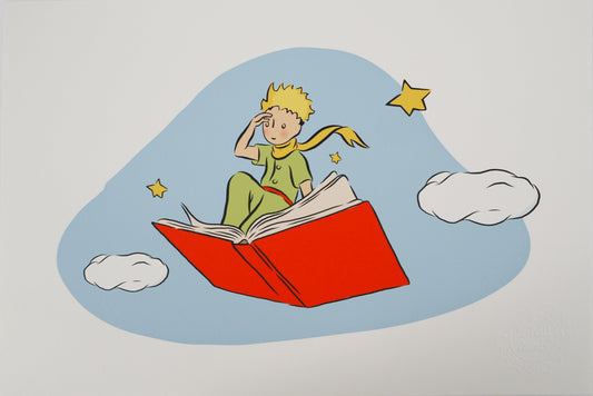 Antoine DE SAINT EXUPERY : Le Petit Prince et le livre volant - Lithographie