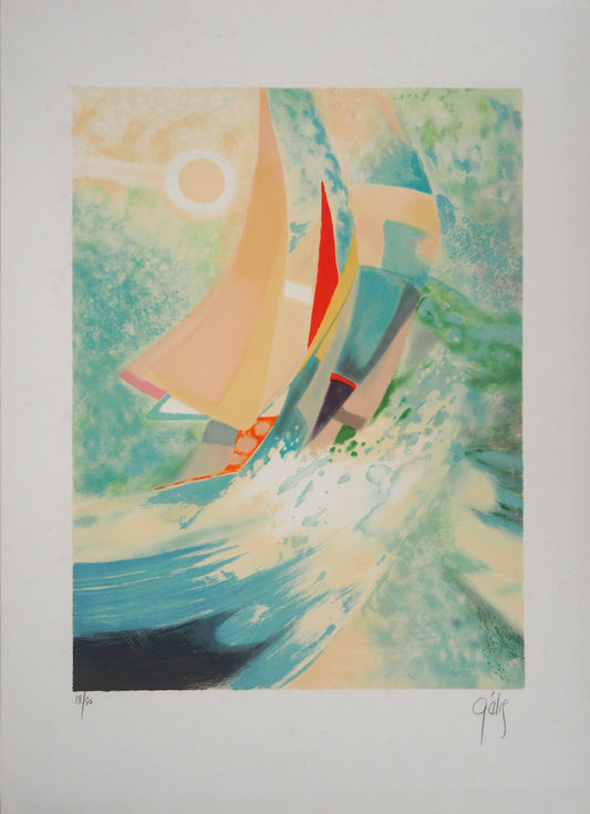 Daniel GELIS : Bateau en haute mer - Lithographie originale signée