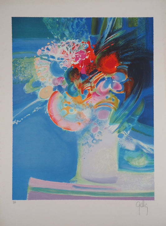 Daniel GELIS : Le bouquet de fleurs - Lithographie originale signée