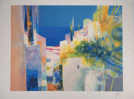Daniel GELIS : Village en bord de mer - Lithographie originale signée