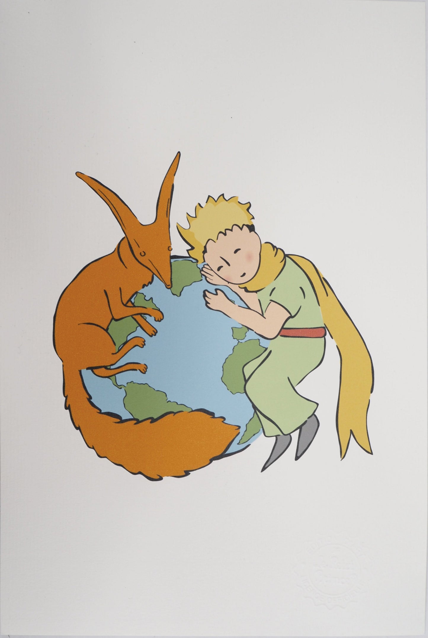 Antoine DE SAINT EXUPERY : Le Petit Prince et le renard protègent la Terre - Lithographie