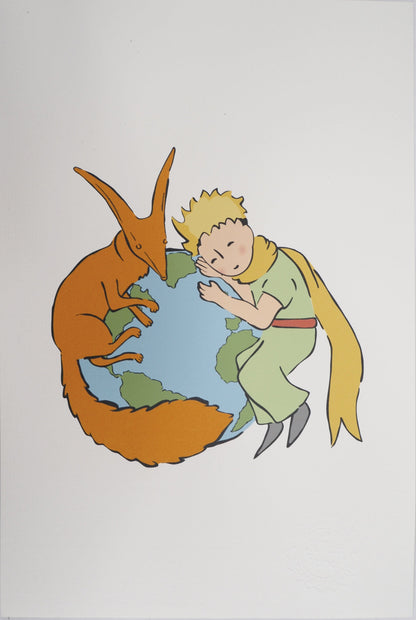 Antoine DE SAINT EXUPERY : Le Petit Prince et le renard protègent la Terre - Lithographie