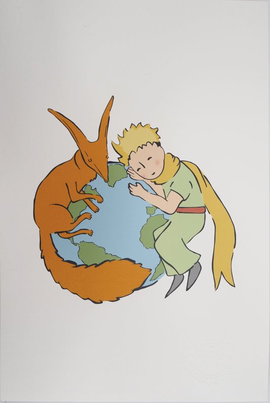 Antoine DE SAINT EXUPERY : Le Petit Prince et le renard protègent la Terre - Lithographie
