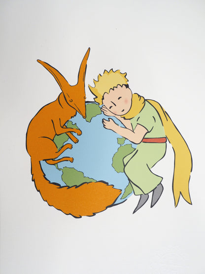 Antoine DE SAINT EXUPERY : Le Petit Prince et le renard protègent la Terre - Lithographie