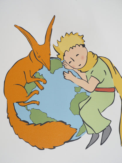Antoine DE SAINT EXUPERY : Le Petit Prince et le renard protègent la Terre - Lithographie