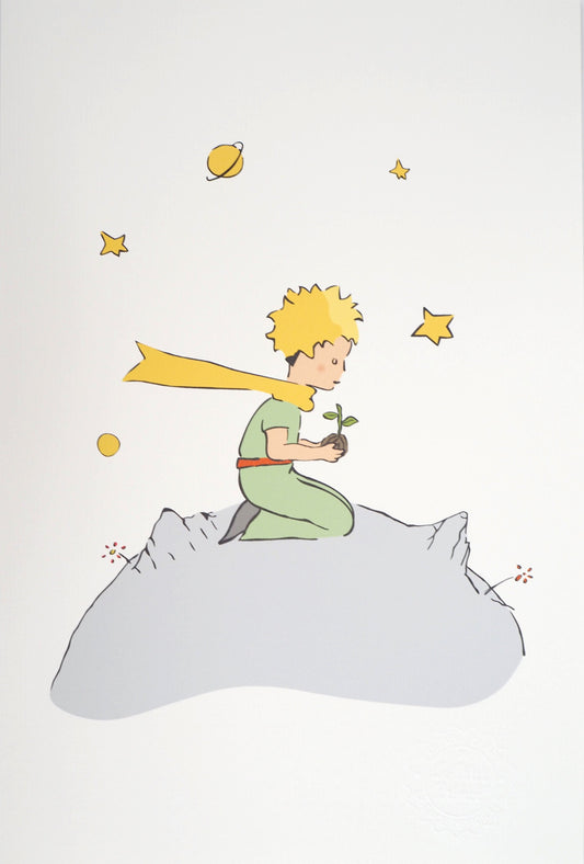 Antoine DE SAINT EXUPERY : Le Petit Prince plante une fleur sur son astéroïde - Lithographie